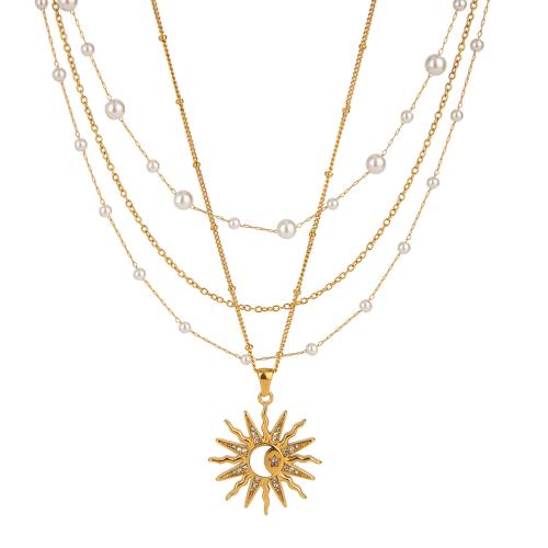 304 Stainless Steel Necklace with Plastic Pearl plated three layers & for woman golden Sold By Pair