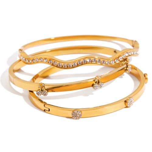 Rustfrit stål Bangle, 304 rustfrit stål, forgyldt, forskellige stilarter for valg & for kvinde & med rhinestone, gylden, Solgt af PC