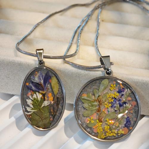 Trykt Tørrede Blomstermykker, Stainless Steel, med Tørret blomst, mode smykker & forskellige stilarter for valg & for kvinde & epoxy sticker, Solgt af PC