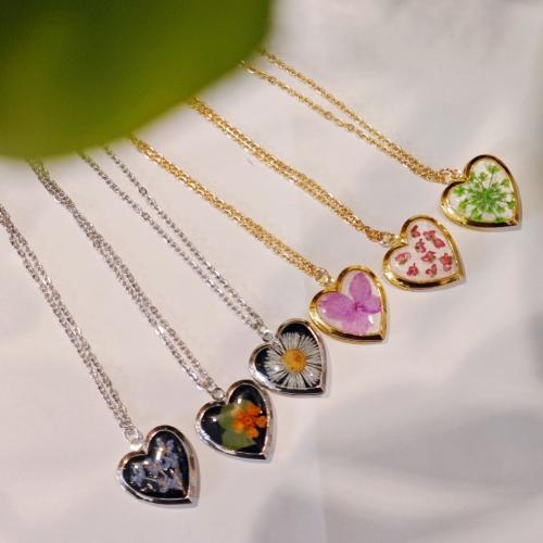 Joyería prensada de flor seca, metal, con Flores secas, con 5cm extender cadena, Corazón, para mujer & pegamento de gota, longitud aproximado 45 cm, Vendido por UD