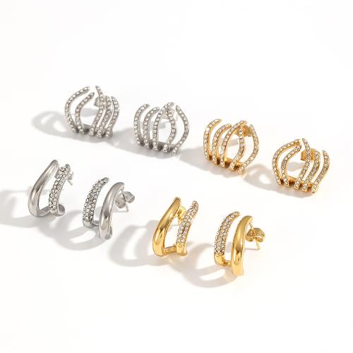 Stainless Steel Stud Earrings 304 Stainless Steel plated fashion jewelry & with rhinestone Sold By Pair