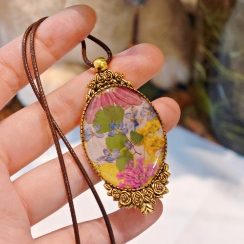 Zinc Alloy Sweater Necklace with Dried Flower & PU Leather Cord fashion jewelry & for woman & epoxy gel Sold By PC
