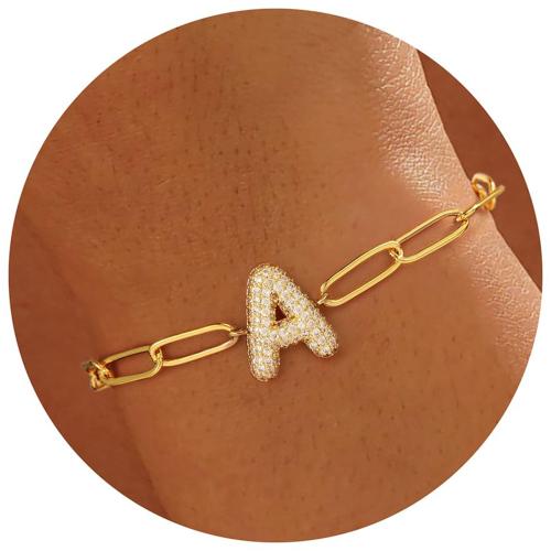 alliage de zinc bracelet, Lettre d’alphabet, Placage de couleur d'or, styles différents pour le choix & pour femme & avec strass, Longueur Environ 6-8 pouce, Vendu par PC