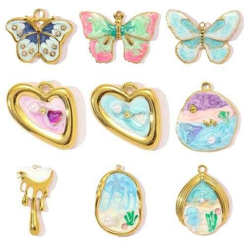 Stainless Steel Pendants 304 Stainless Steel with Plastic Pearl gold color plated DIY & enamel & with rhinestone Sold By Bag