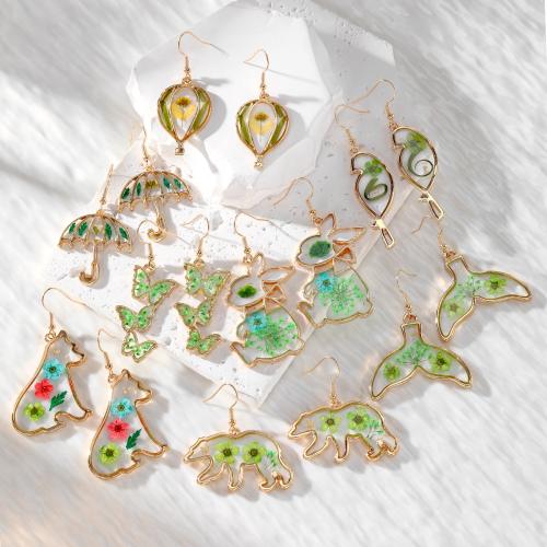 Zinc Alloy Korvakorut, Muovi, kanssa kuivattu kukka & Sinkkiseos, epoksi tarra, muoti korut, enemmän värejä valinta, Myymät Pair