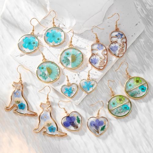 Zinc Alloy Korvakorut, Muovi, kanssa kuivattu kukka & Sinkkiseos, epoksi tarra, muoti korut, enemmän värejä valinta, Myymät Pair