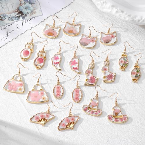 Pendientes de Aleación de Zinc, Plástico, con Flores secas & aleación de zinc, engomada de gota, Joyería, más colores para la opción, Vendido por Par