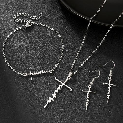 Roestvrij staal sieraden sets, 304 roestvrij staal, Oversteken, silver plated, drie stuks & mode sieraden, zilver, Verkocht door PC