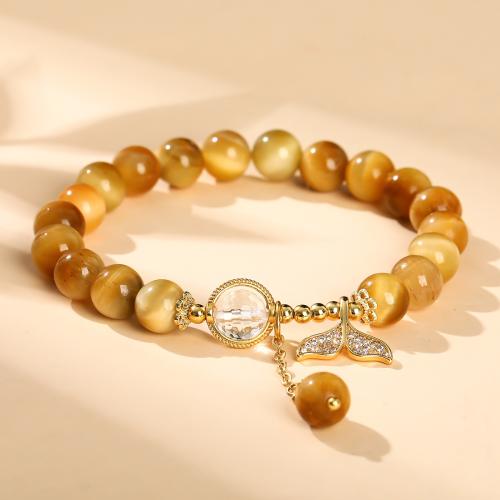 Természetes Tiger Eye karkötő, -val Rutilated Quartz & Sárgaréz, divat ékszerek & strasszos, arany, 8mm, Által értékesített PC