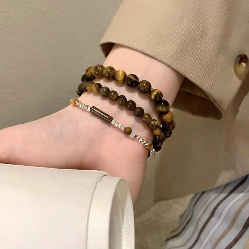 Természetes Tiger Eye karkötő, -val Cink ötvözet, arany színű aranyozott, divat ékszerek, több színt a választás, 3PC-k/Set, Által értékesített Set