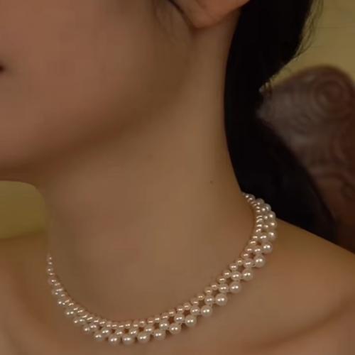 Prirodni Slatkovodni Ogrlica od bisera, Slatkovodni Pearl, s 925 Sterling Silver, Krug, srebrne boje pozlaćen, modni nakit, bijel, 4x5mm, Prodano By Torba