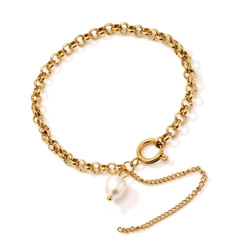 Stainless Steel Jewelry Bracelet 304 Stainless Steel with Freshwater Pearl 18K gold plated fashion jewelry & for woman Sold By PC