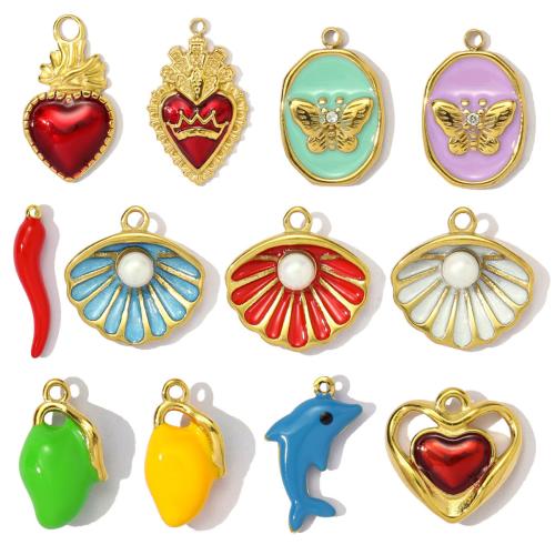 Stainless Steel Pendants 304 Stainless Steel with ABS Plastic Pearl gold color plated DIY & enamel & with rhinestone Sold By Bag