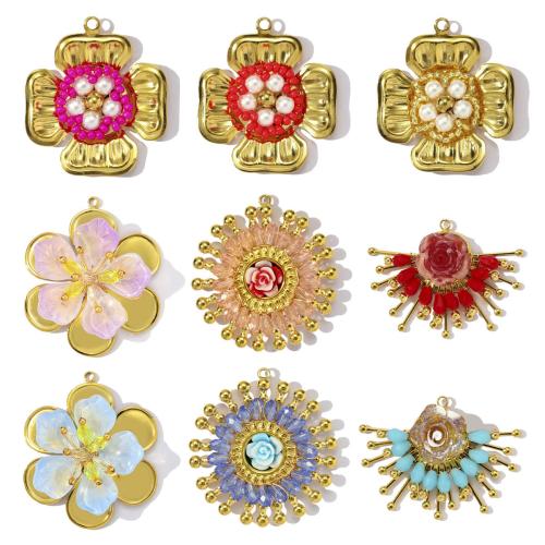 Stainless Steel Pendants 304 Stainless Steel with Glass Beads & ABS Plastic Pearl & Resin gold color plated DIY Sold By Bag