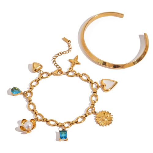 Stainless Steel smycken Armband, 304 rostfritt stål, med Cubic Zirconia & Glass Pearl, plated, mode smycken & olika stilar för val & för kvinna, gyllene, Säljs av PC