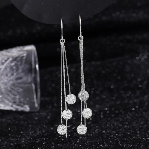925 Sterling Silver Snáithe Trí Earrings, Babhta, platanam plátáilte, do bhean & le rhinestone, 70mm, Díolta De réir Péire