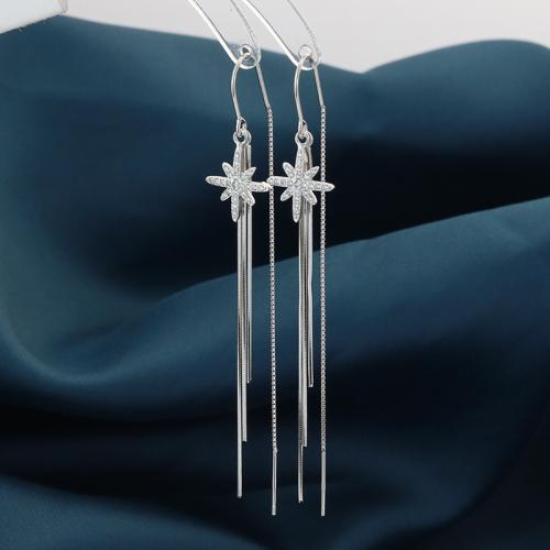 925 Sterling Silver Snáithe Trí Earrings, Ocht Pointe Star, do bhean & le rhinestone, 70mm, Díolta De réir Péire