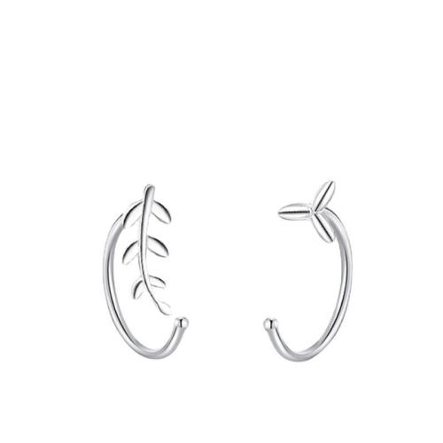 Argent sterling 925 Boucles d’oreilles asymétriques stud, feuille, Plaqué de platine, bijoux de mode & pour femme, 10mm, Vendu par paire