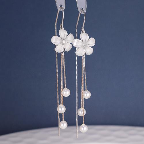 925 sterline d'argento Filo attraverso Orecchini, with resina & perla in plastica, Fiore, per la donna & con strass, earring length 70-100mm, Venduto da coppia