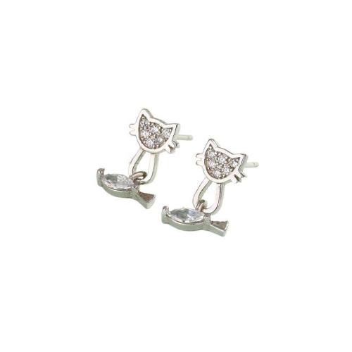925 Sterling Silver Buail Earring, Cat agus Éisc, platanam plátáilte, do bhean & le rhinestone, 8.40x12.60mm, Díolta De réir Péire