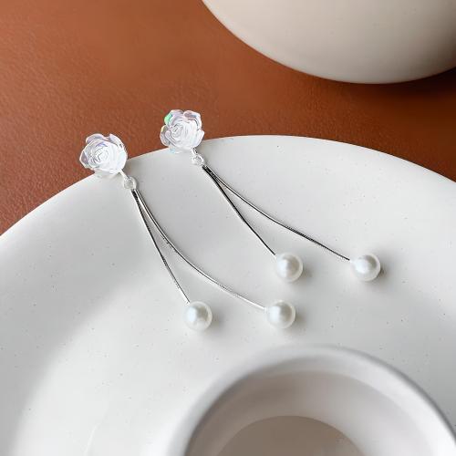 925 Sterling Sølv Tråden igennem Øreringe, med Resin & Plastic Pearl, Flower, mode smykker & for kvinde, flere farver til valg, Solgt af par