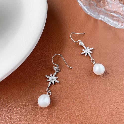 925 Sterling Silver Buail Earring, le Pearl Plaisteacha, Ocht Pointe Star, jewelry faisin & do bhean & le rhinestone, 50mm, Díolta De réir Péire