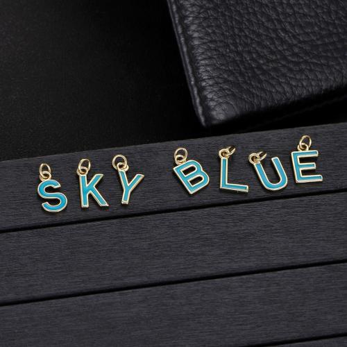 Messing Schmuck Anhänger, Alphabet-Buchstabe, goldfarben plattiert, DIY & Emaille, blau, frei von Nickel, Blei & Kadmium, 3PCs/Tasche, verkauft von Tasche