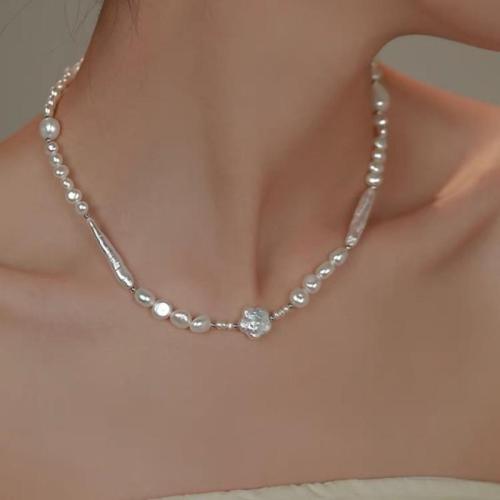 Natural Freshwater Pearl Necklace with 925 Sterling Silver Baroque fashion jewelry Sold By Strand