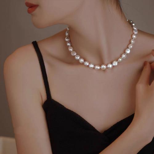 Natural Freshwater Pearl Necklace with 925 Sterling Silver gold color plated fashion jewelry white Sold By Strand