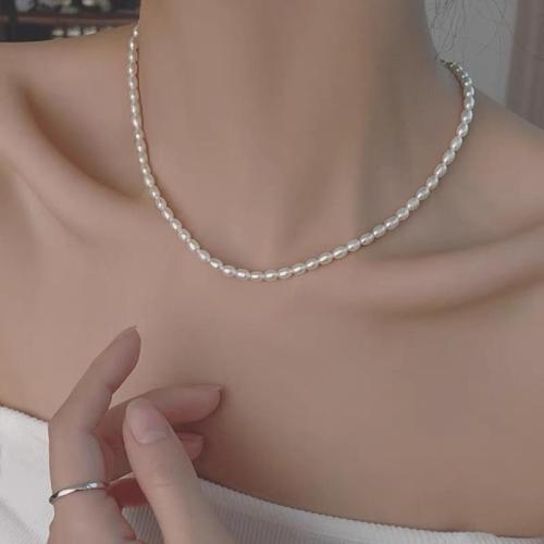 Natural Freshwater Pearl Necklace with Brass Rice gold color plated fashion jewelry white Sold By Strand