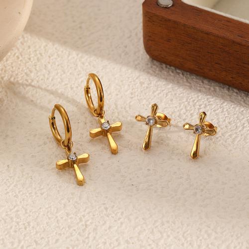Edelstahl Tropfen Ohrring, 304 Edelstahl, Kreuz, goldfarben plattiert, Modeschmuck & mit Strass, goldfarben, verkauft von Paar