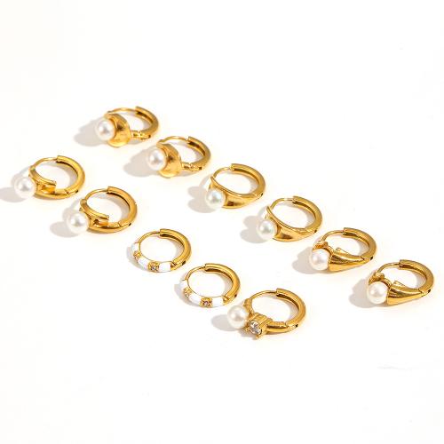 Rustfrit stål Lever Tilbage Earring, 304 rustfrit stål, med Plastic Pearl, forgyldt, mode smykker & med rhinestone, flere farver til valg, Solgt af par