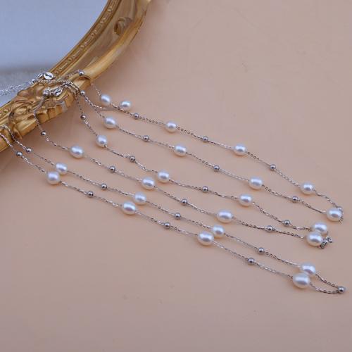925 Sterling Zilveren Parel Ketting, met Zoetwater Parel, Rijst, silver plated, mode sieraden, wit, 4x7mm, Verkocht door Strand