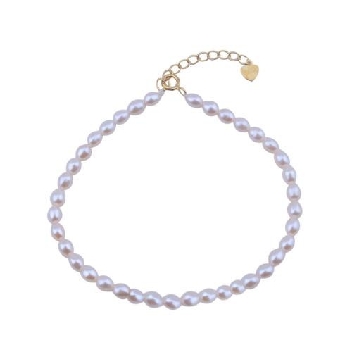 Natural makeanveden helminauha, Makeanveden helmen, kanssa 925 Sterling hopea, Riisi, kullan väri kullattu, muoti korut, valkoinen, 3x4mm, Myymät Strand