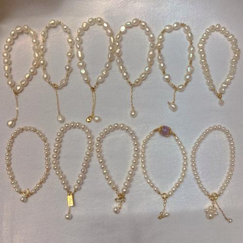 Süßwasser Zuchtperlen Armband, Natürliche kultivierte Süßwasserperlen, mit Edelstein & Messing, Barock, 14 K vergoldet, Modeschmuck & Micro pave Zirkonia, keine, 5x10mm, verkauft von Strang