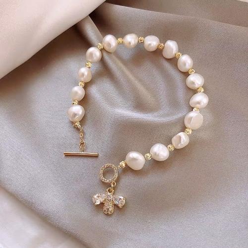 Freshwater Cultured Pearl Bracelet Freshwater Pearl with Brass Baroque plated fashion jewelry & micro pave cubic zirconia Sold By Strand