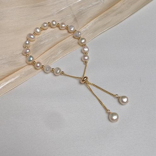 Freshwater Kulturperler Pearl Bracelet, Ferskvandsperle, med Messing, Barok, forgyldt, mode smykker, flere farver til valg, 6x7mm, Solgt af Strand
