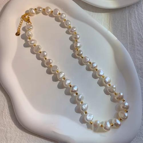 Freshwater Pearl Mässing Chain Necklace, med Mässing, Barock, plated, mode smycken, fler färger för val, 8x9mm, Säljs av Strand