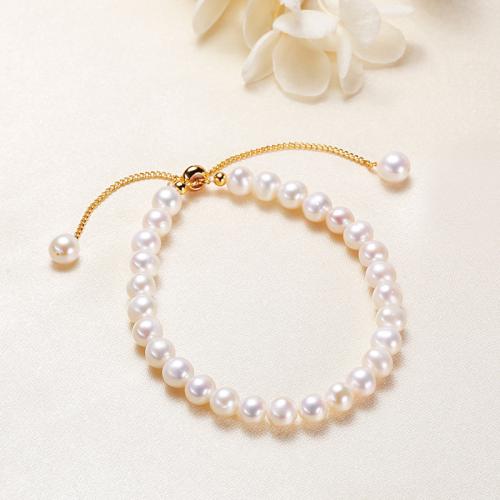 Freshwater Kulturperler Pearl Bracelet, Ferskvandsperle, med Messing, Lidt rund, forgyldt, mode smykker, flere farver til valg, 5x6mm, Solgt af Strand