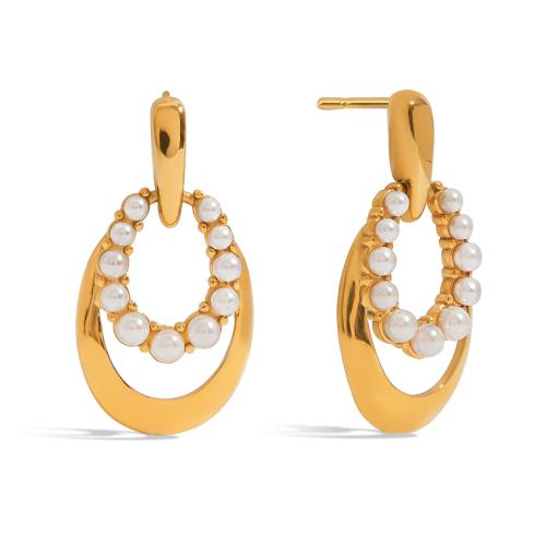 Stainless Steel Drop Earring 304 Stainless Steel with Plastic Pearl plated fashion jewelry & for woman & hollow golden Sold By Pair