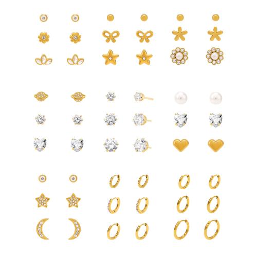 Stainless Steel Stud Earrings 304 Stainless Steel with Plastic Pearl 18K gold plated three pieces & micro pave cubic zirconia & for woman Sold By Set