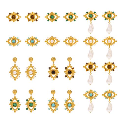 Stainless Steel Stud Earrings 304 Stainless Steel with Gemstone & Plastic Pearl 18K gold plated  & for woman & hollow Sold By Pair