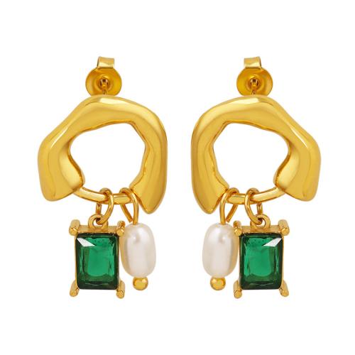 Titanium Steel  Earring with Glass Stone & Freshwater Pearl plated fashion jewelry & for woman & hollow golden Sold By Pair