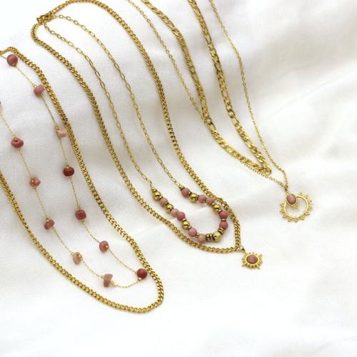 Stainless Steel Jewelry Necklace 304 Stainless Steel with Rhodochrosite gold color plated fashion jewelry Sold By PC
