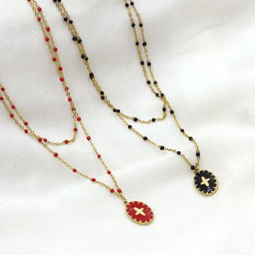 Stainless Steel Jewelry Necklace 304 Stainless Steel gold color plated Double Layer & fashion jewelry & enamel Sold By PC