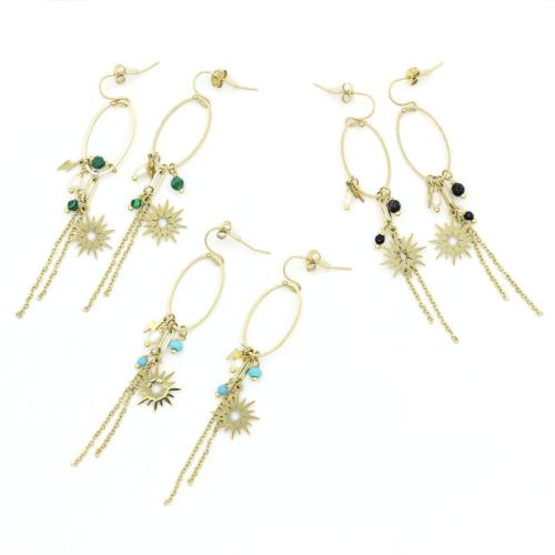 Fashion Fringe Boucles d'oreilles, Acier inoxydable 304, avec turquoise & Malachite & agate noire, Placage de couleur d'or, bijoux de mode, plus de couleurs à choisir, Vendu par paire