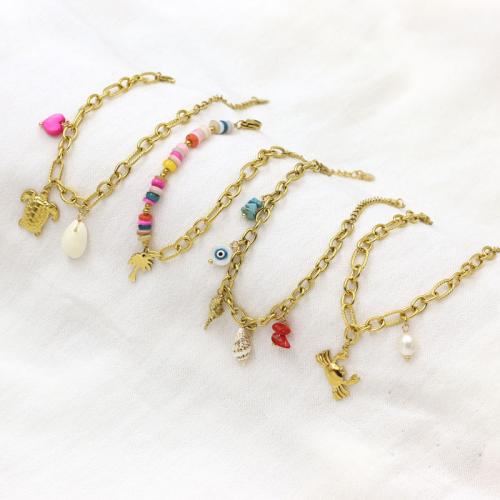Stainless Steel Jewelry Bracelet 304 Stainless Steel with Gemstone & Shell & Resin & Plastic Pearl gold color plated fashion jewelry Sold By PC