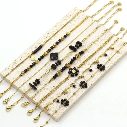 Stainless Steel Jewelry Bracelet 304 Stainless Steel with Obsidian & Black Agate gold color plated fashion jewelry Sold By PC