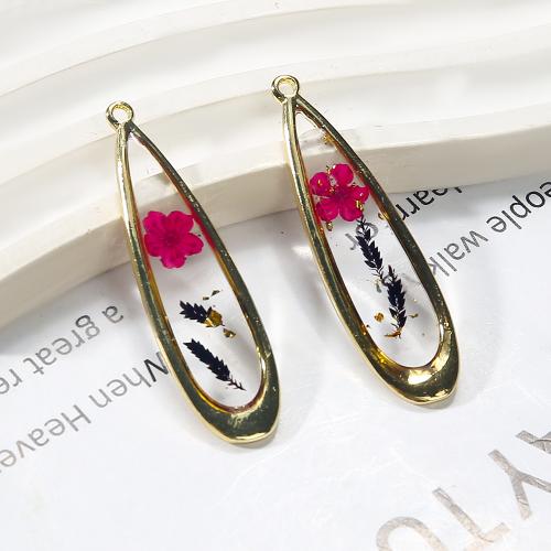 Messing Schmuck Anhänger, mit Getrocknete Blumen & Harz, Tropfen, goldfarben plattiert, DIY, gemischte Farben, frei von Nickel, Blei & Kadmium, 13.63x2.74x48.27mm, verkauft von PC