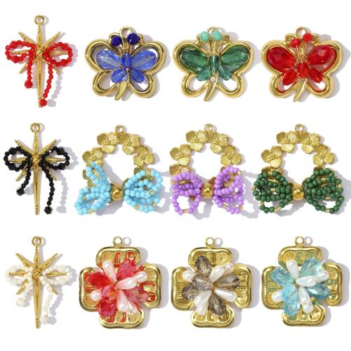 Titanium Steel Pendants with Glass Beads & ABS Plastic Pearl plated DIY & with rhinestone Sold By Bag